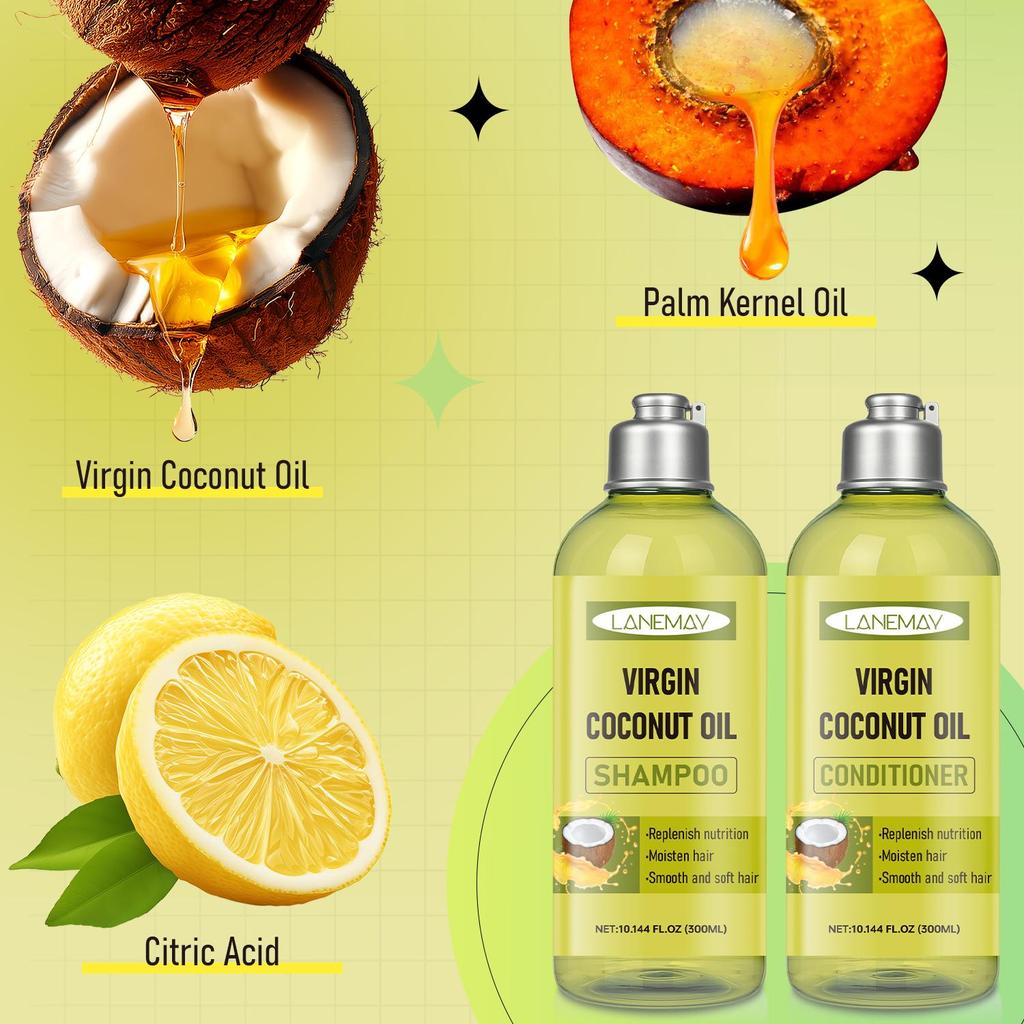 Virgin Coconut Oil Shampoo And Conditioner Set-Deeply Clean, Moisten, Smooth & Soft Hair-Suitable for all Hair Types, 300ml+300ml