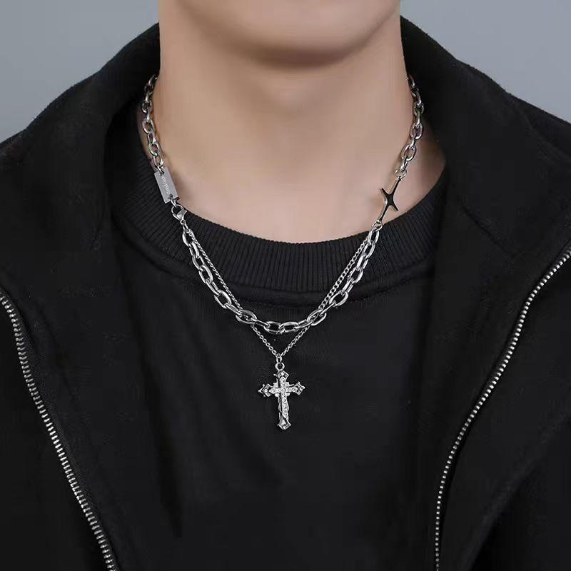 Necklace Trendy Men Stacked Cross Pendant Lettering Titanium Steel Niche Design Hip Hop Ins High Street Accessories