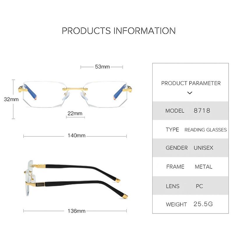 Anti Blue Ray Reading Glasses Women Dimond Cutting Rimless Eyewear  Anti Fatigue Hyperopia Presbyopic Glasses +1.5
