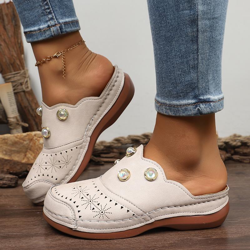 Spring Flat Slippers Women Fashion Round Head Deep Mouth Rhinestone Rivet Buckle Car Sewing Soft Soled Sandals