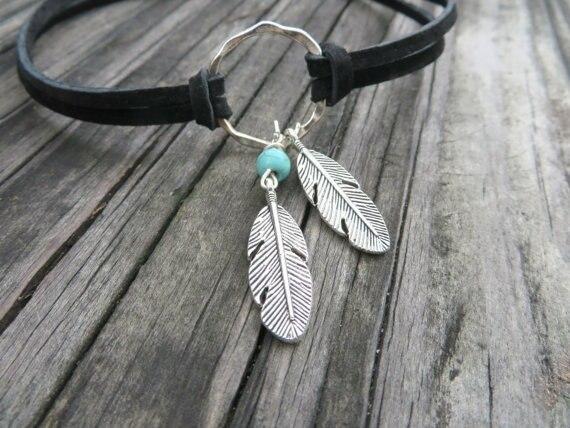 Vintage Silver Feather Pendant Necklaces Leather Choker Necklace Black Circle Collar Female Boho Party Neck Jewelry for Women