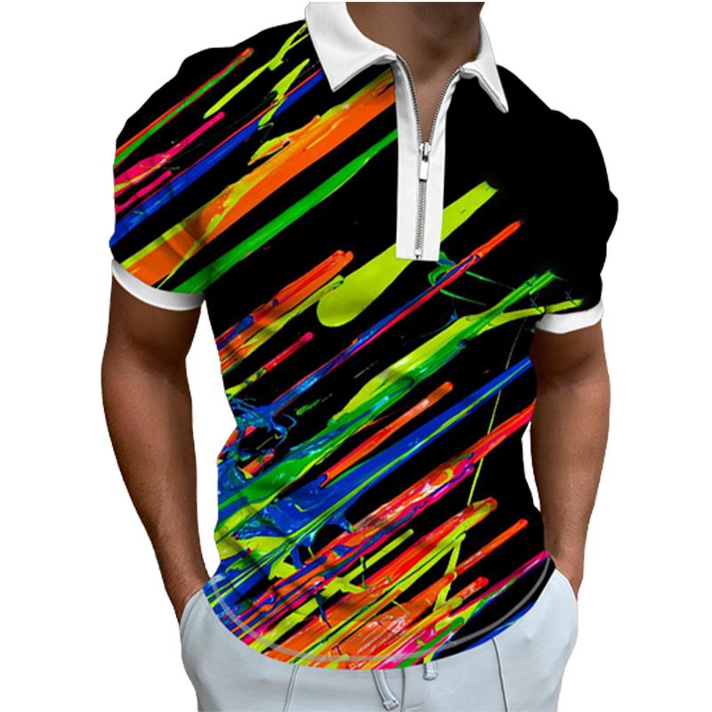 Neformální tričko s klopou Móda pro mladé muže Tričko na zip Tričko s krátkým rukávem Pánské tričko s 3D vícebarevným potiskem
