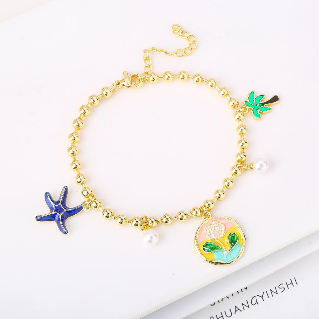 Gold-Plated Starfish Coconut Tree Flower Copper Bead Chain Bracelet Fashion for Women Girls Party Vacation Beach Jewelry Gift