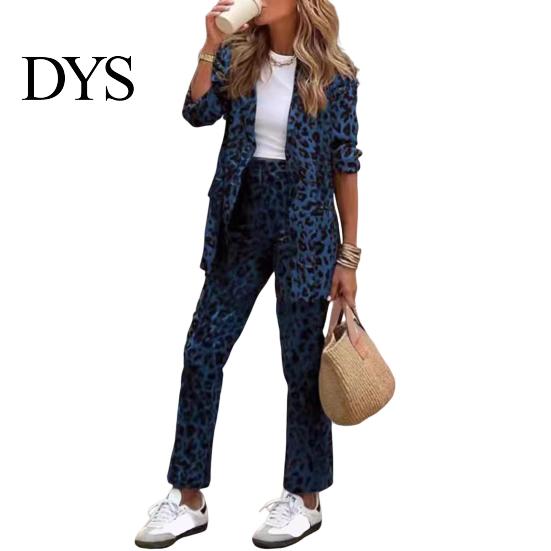 Formelles Mantel-Hosen-Set 2 Teile/Set Damen Langarm Leo-Muster Revers Winter-Outfit Für Damen Strickjacke Mittellange Jacke Gerade High-Waist-Hose