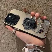 Premium Black & Gold Rose Art Phone Case for iPhone 17 16 15 14 13 12 11 Series Pro Max Plus Double Layer Protection