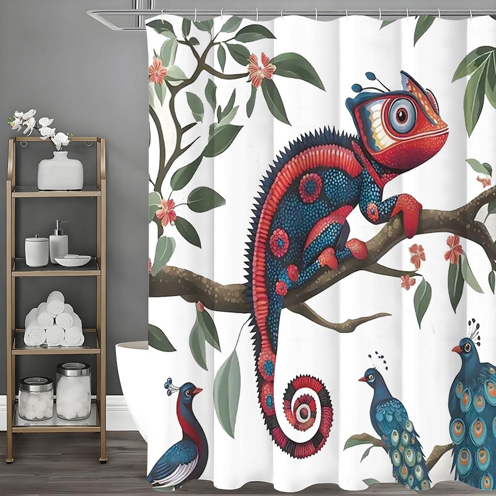 

Хамелеон Цветок Павлин Шторка для душа, Декоративная шторка для душа для ванной комнаты, Водонепроницаемая шторка для душа с крючками 90*180cm