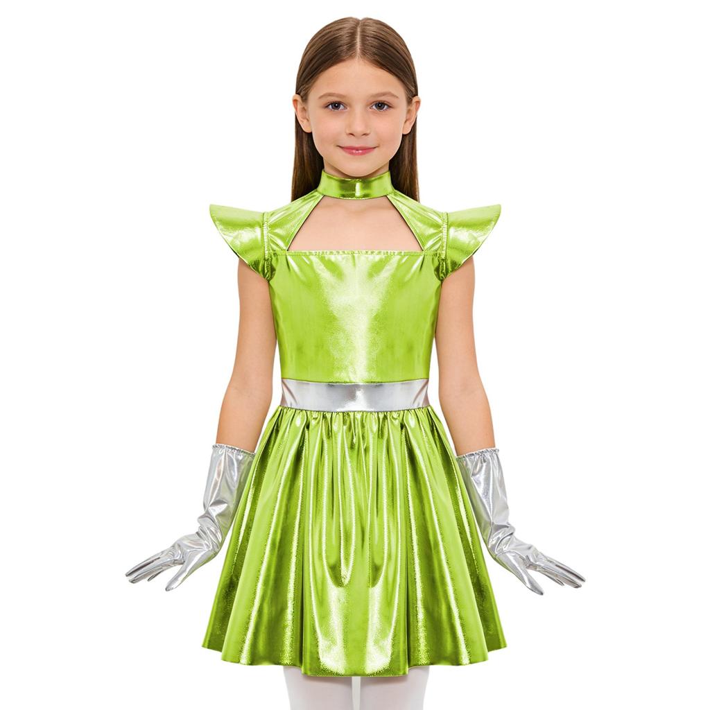 Girls Alien Cosplay Dress Metallic Hollow Out Flying Sleeve Back Zipper Ruffled Dress Gloves Robot Outfit