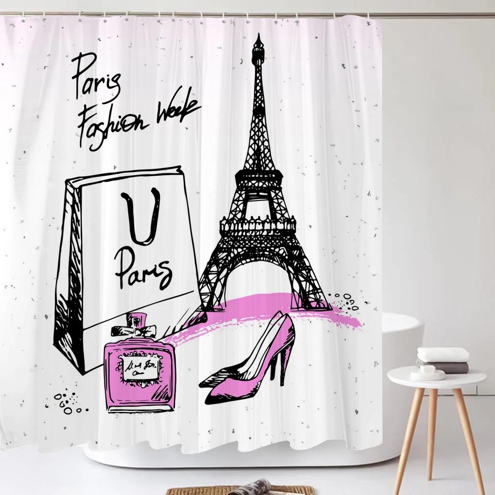 

Fashion Cosmetic Shoes and Bags Shower Curtain Modern Girl Print Home Decor Curtain Polyster Fabric Bathroom Curtain with Hooks W90XH180cm