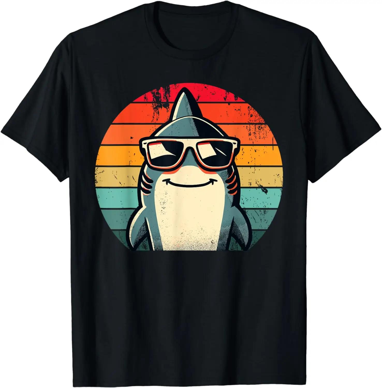 

2024 summer tops Cool Retro Shark in Sunglasses 70s 80s 90s Funny Shark T-Shirt 4XL