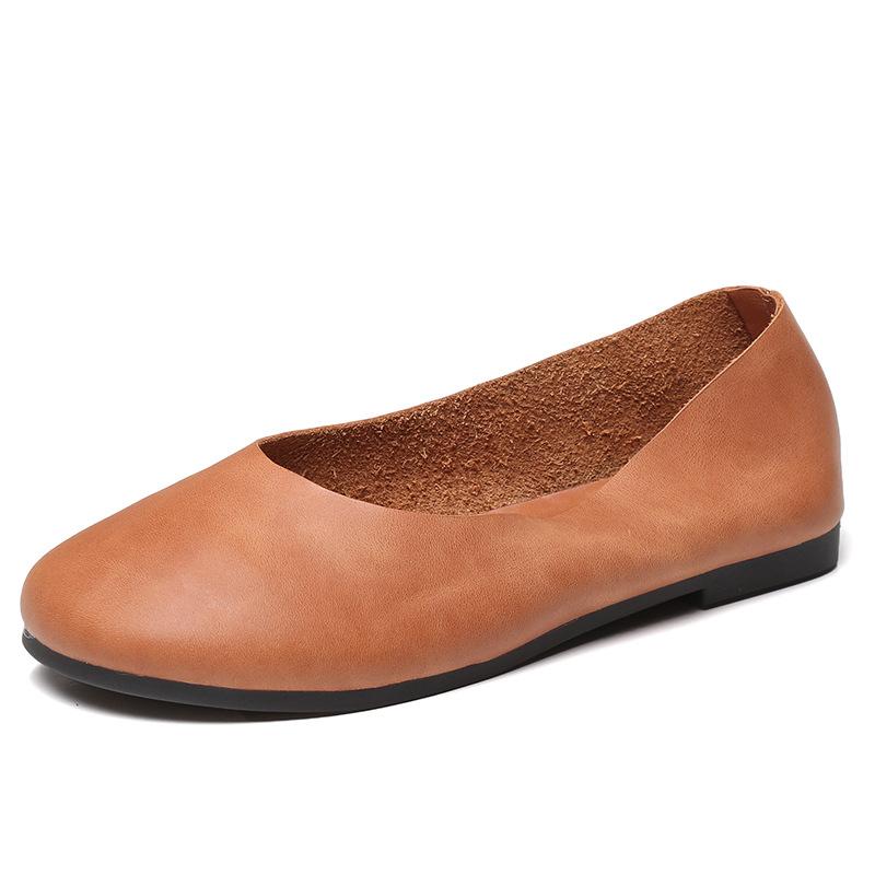 Simple Zen Literary Handgemachte Lederschuhe mit weicher Unterseite für Omas Damen mit flacher Unterseite und flachem Mund, Mutterschuhe für vier Jahreszeiten, Einzelschuhe
