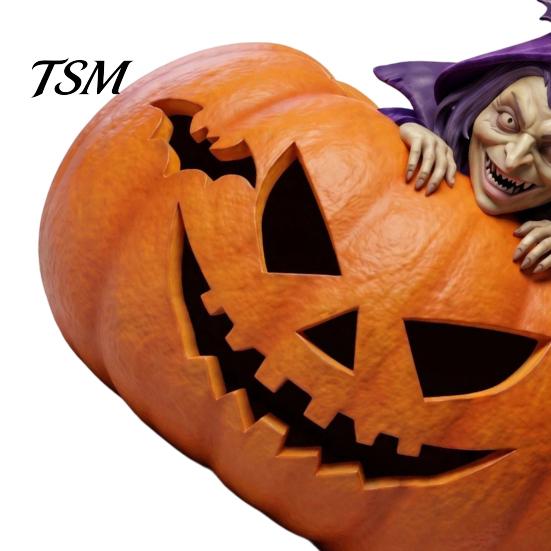Vintage Halloween Decor Resin Pumpkin Witch Figurine, Spooky Bat Detailed Tabletop Decor, Stable Ornaments Base Mini Statue for Window Showcase