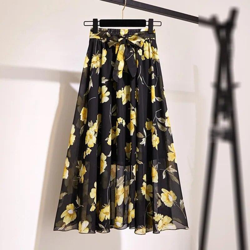 

Женская богемная длинная юбка с цветочным принтом, летние пляжные солнечные юбки, шифоновая юбка с высокой талией и цветочным бантом One Size