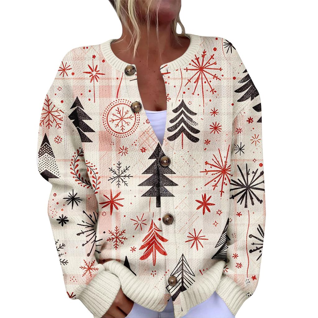 Women's Christmas Print Cardigan Long Sleeve Button Down Knit Outerwear for Holiday Party