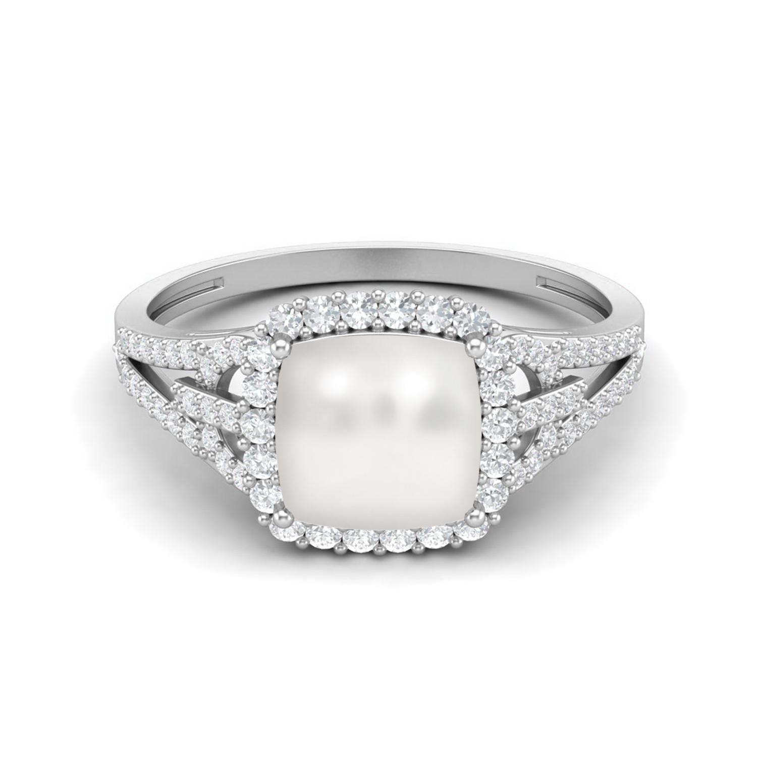 

925 Sterling Silver 3.82 Cts Cushion Shape Pearl Solitaire with Accent Wedding Women Ring 9 белый