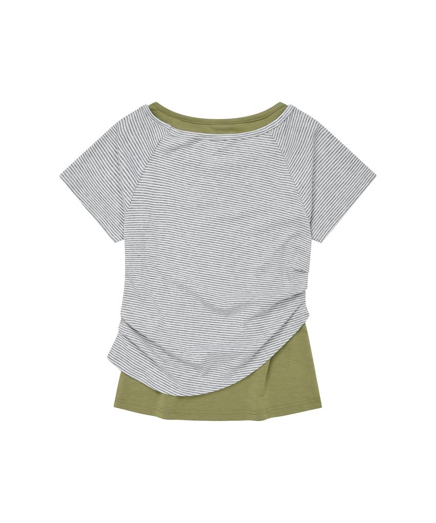 LMR Motif Embroidered Striped Layered T-Shirt Green