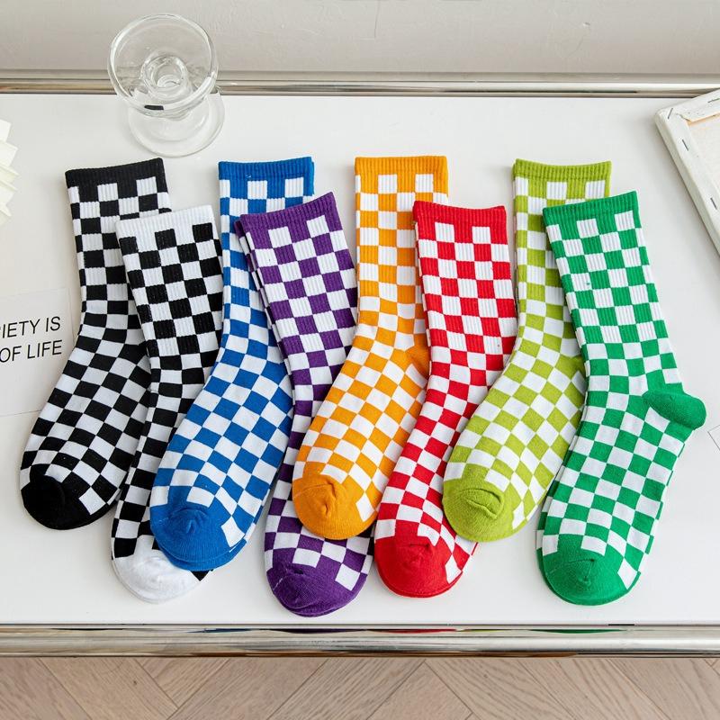 ALLTOOALL Damen Socken Mittellang Harajuku Street Fashion Lustig Schwarz Weiß Karos Kariert Atmungsaktiv Lässig Mädchen Baumwollsocken