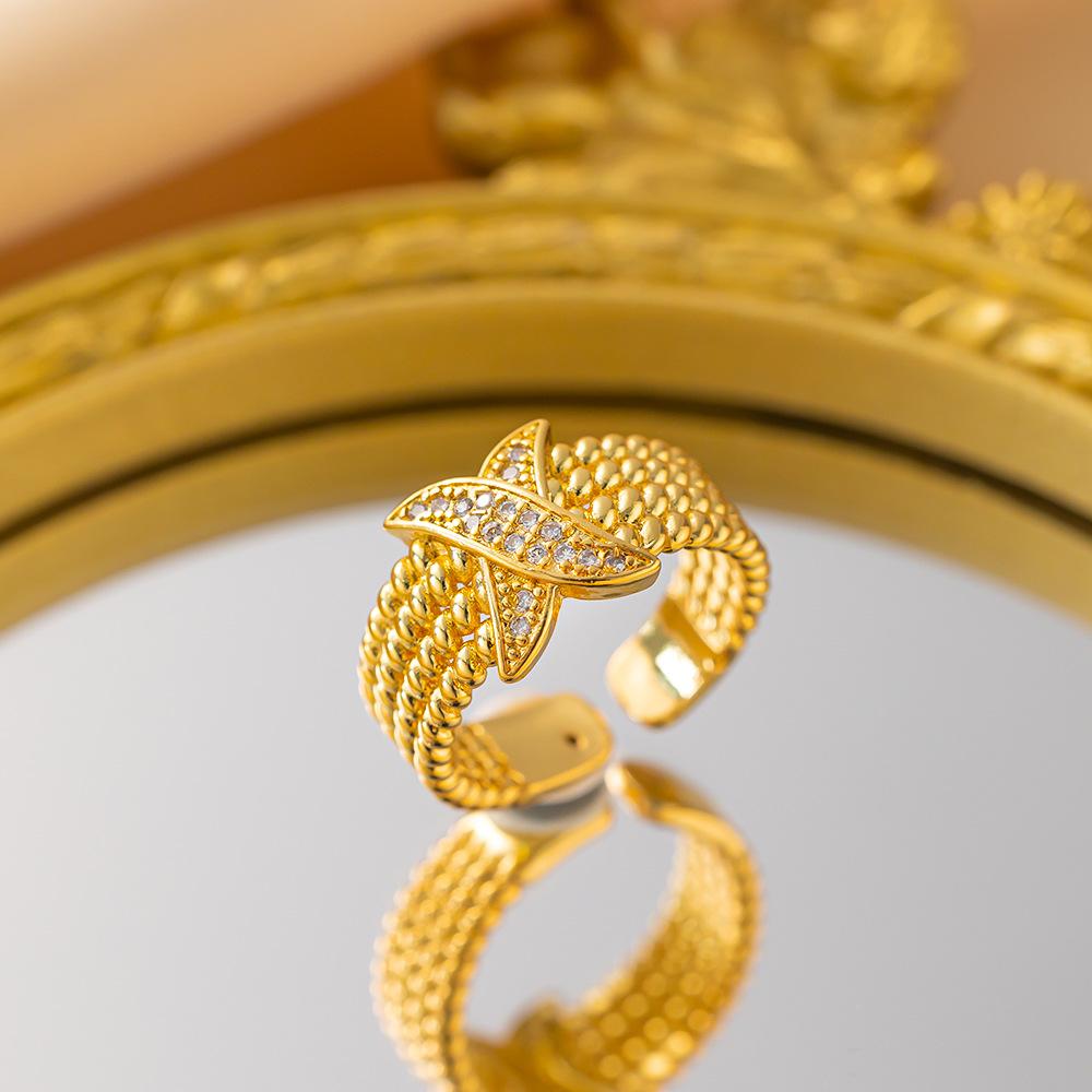 Exquisite super flash zircon ring for girls, light luxury, high-end sense opening adjustable ring, simple real gold electroplating