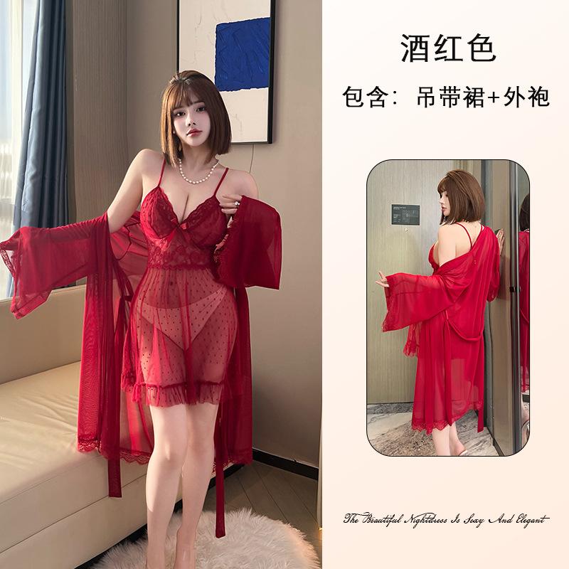 Women's lace see-through pajamas set, suspenders, pajamas, two-piece set, erotic underwear 811 + 810 thin