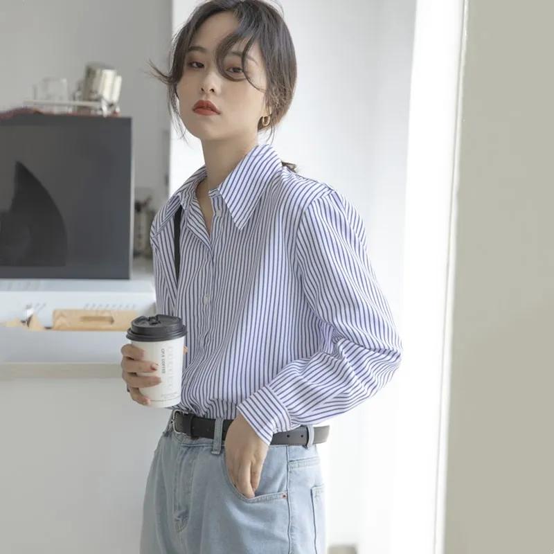 

Fashion Women’s Striped Blouse Spring Thin Breathable Turn Down Collar Loose Casual Shirt S білий