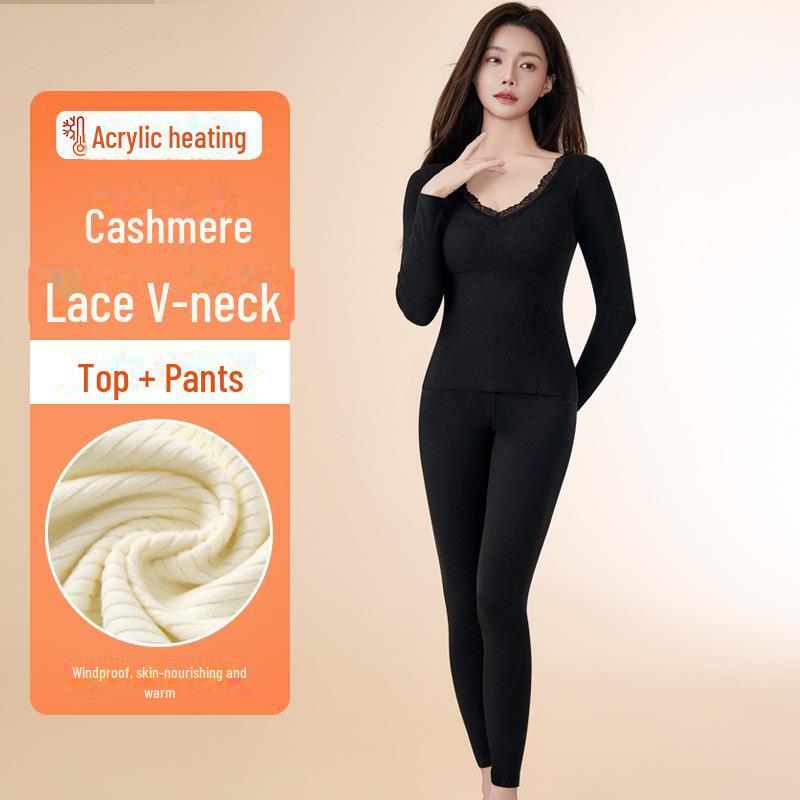 Damen Nahtlose Warme Samt Herbst Unterwäsche Hose mit Brustpolster - Kaschmirseide, Verdickt für Zusätzliche Wärme