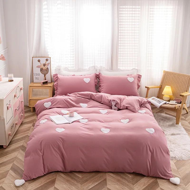 Set de lenjerie de pat Inimi Roz Stil Nordic Lenjerie de pat cu fețe de pernă Textile pentru casă Fete Husă de pilotă respirabilă King Queen Twin