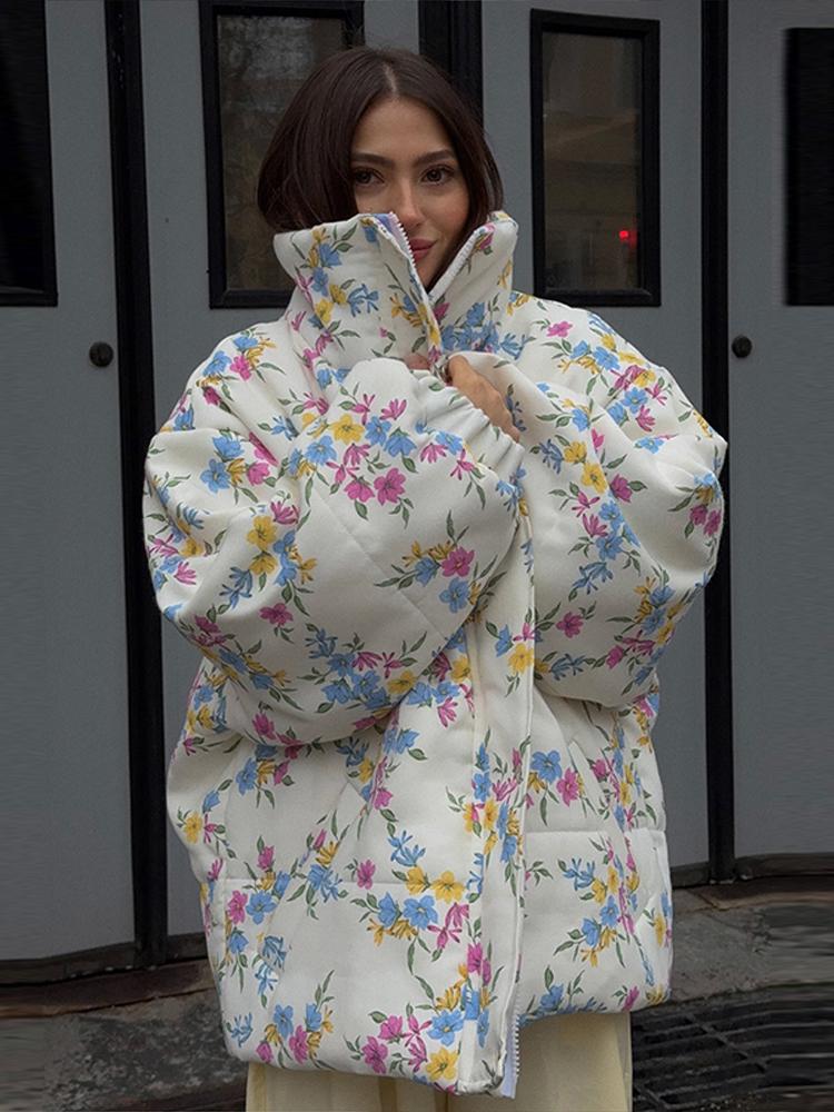 Damen Baumwollgepolsterte warme Jacke Damen dünne Daunenjacke Damen bedruckte Reißverschlussreversjacke Modestil Herbst und Winter