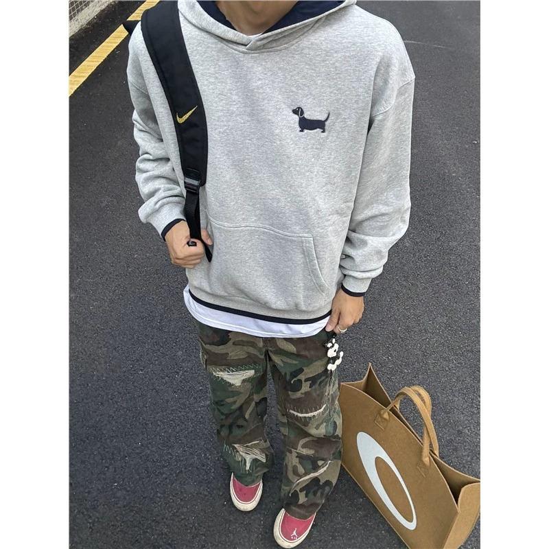 

Retro Color Block Embroidered Dog Hoodie for Men - Heavyweight Loose Fit (2025) L сірий колір