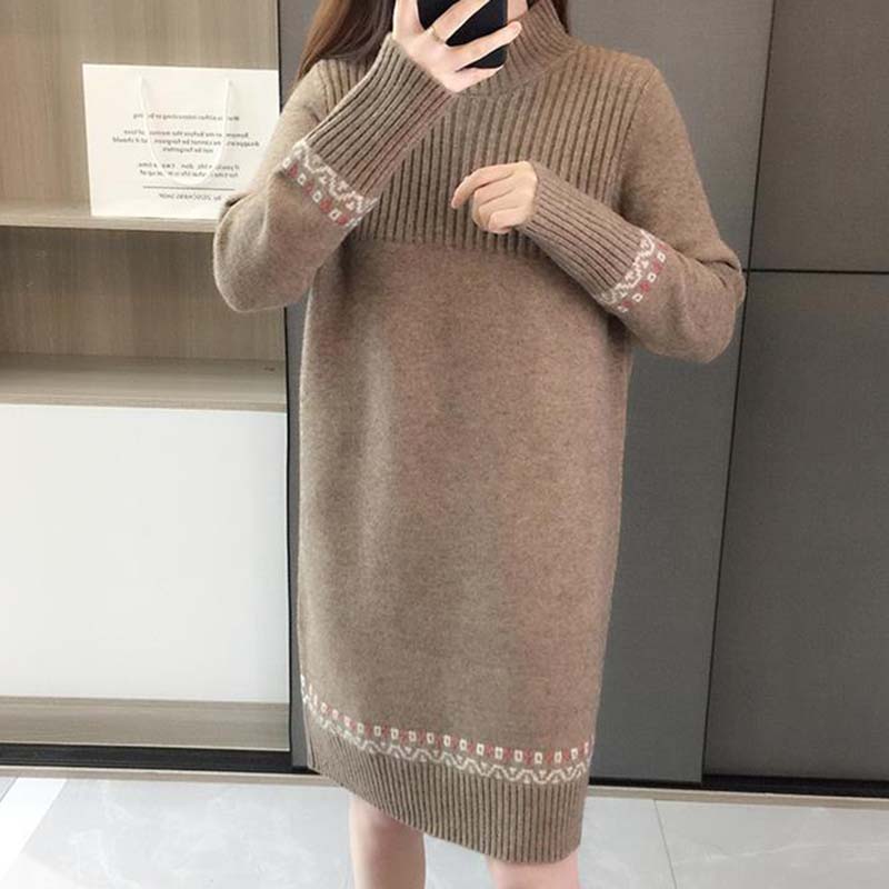 Svetr pro ženy Podzim Zima Zesílený Hřejivý Pletený Pružný Dlouhý Rukáv Oversize Pletené Svetrové Šaty Top
