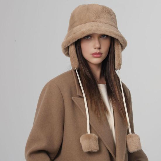 Plush Fisherman Hat with Detachable Ear Protection Windproof Rope Winter Hat Outdoor Activities Travel Cycling Warm Hat