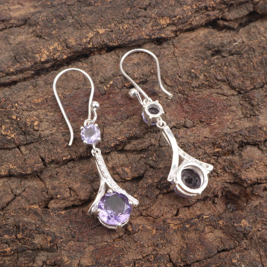 Purple Iolite Gemstone 925 Solid Silver Jewelry Partywear Zircon Earrings 1.84" CZE-9-11