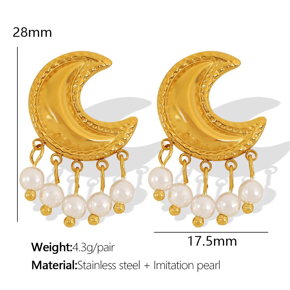 European and American ins wind feeling moon fringed imitation pearl earrings irregular titanium steel earrings women