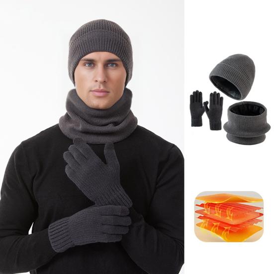 3Pcs/Set Winter Hat Scarf Gloves Set Solid Color Windproof Brimless Hat Neck Warmer Touch Screen Gloves Set