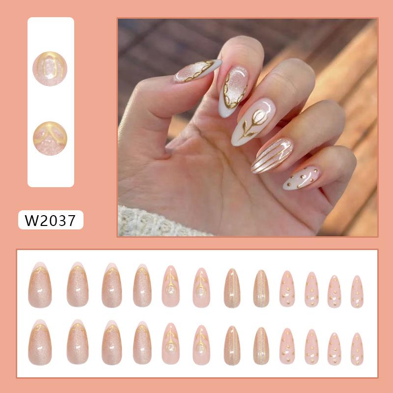 

Тюльпановое кружево «Кошачий глаз» Французский съемный маникюр 24 штуки накладных ногтей