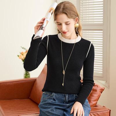 TUHUANG Women's 100% Wool Color-Block Ribbed Slim Fit Base Layer Sweater