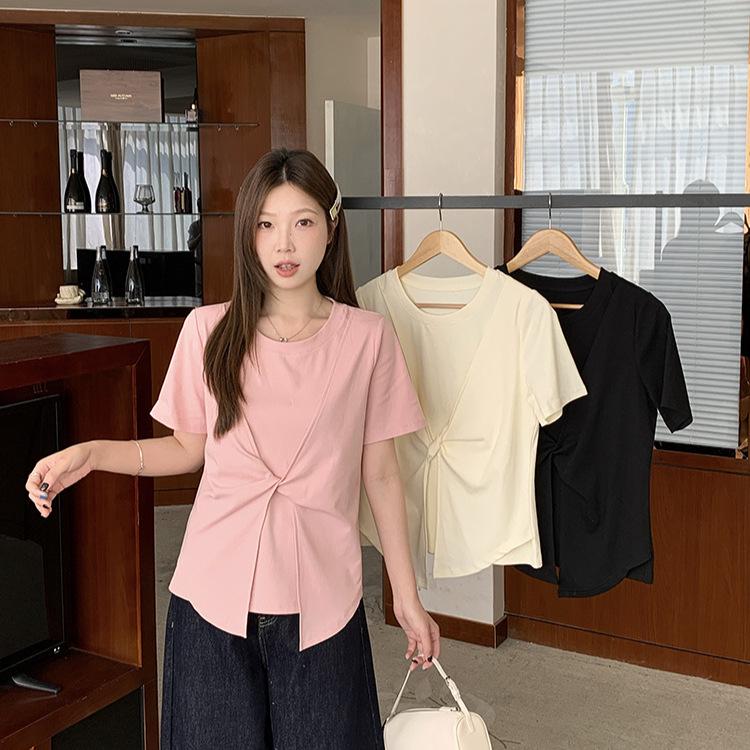 

2026 Plus Size Women s French Chic Fake Two-Piece Short Sleeve T-Shirt L чорний