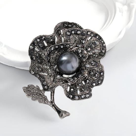 Retro Bow Brooch Rhinestone Black Faux Pearl Flower Brooch Pin Bow Lapel Pin Women Outfit Accessory for Sweaters Hats Coats