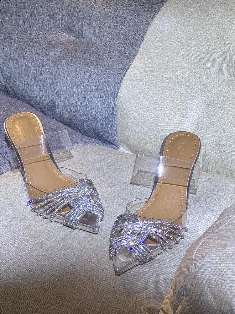 

Женские туфли на высоком каблуке с острым носком и прозрачными стразами, новые, с сумкой на носке, на среднем каблуке, сексуальные, банкетные, сандалии на толстом каблуке 40