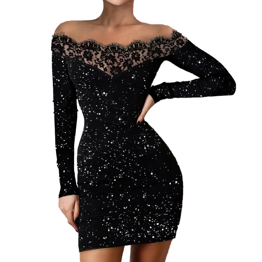 Women's Fashion Spring Fall Solid Color Print Long Sleeve V-Neck High Waist Casual Dresses