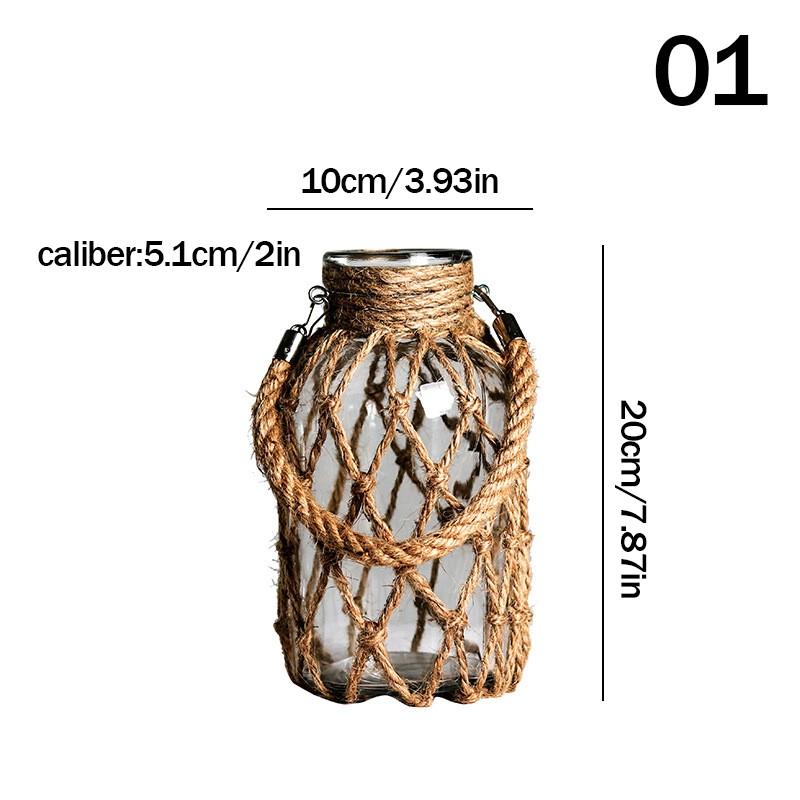 Hand Glass Vase Dry Flower Decor Woven Hemp Rope Vase Art Retro Hydroponics Vase Transparent Living Room Decor Table Ornament