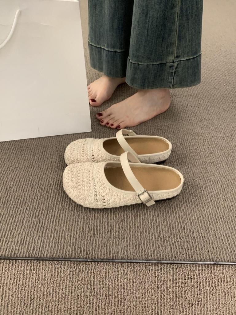 Fashion Women's Half Slippers 2025 Spring Summer New Vintage Fly Weave Baotou Flats Fashion Square Button Slip on Outdoor Casual Sandals
