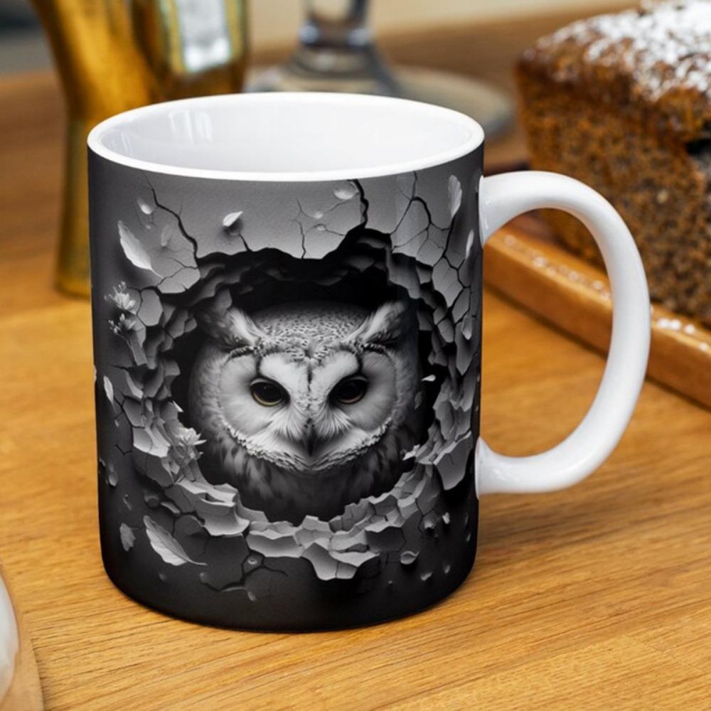 3D Owl, Ceramic Coffee Mug, Tea Cup, New Hole Wall, Cute Hole Wall