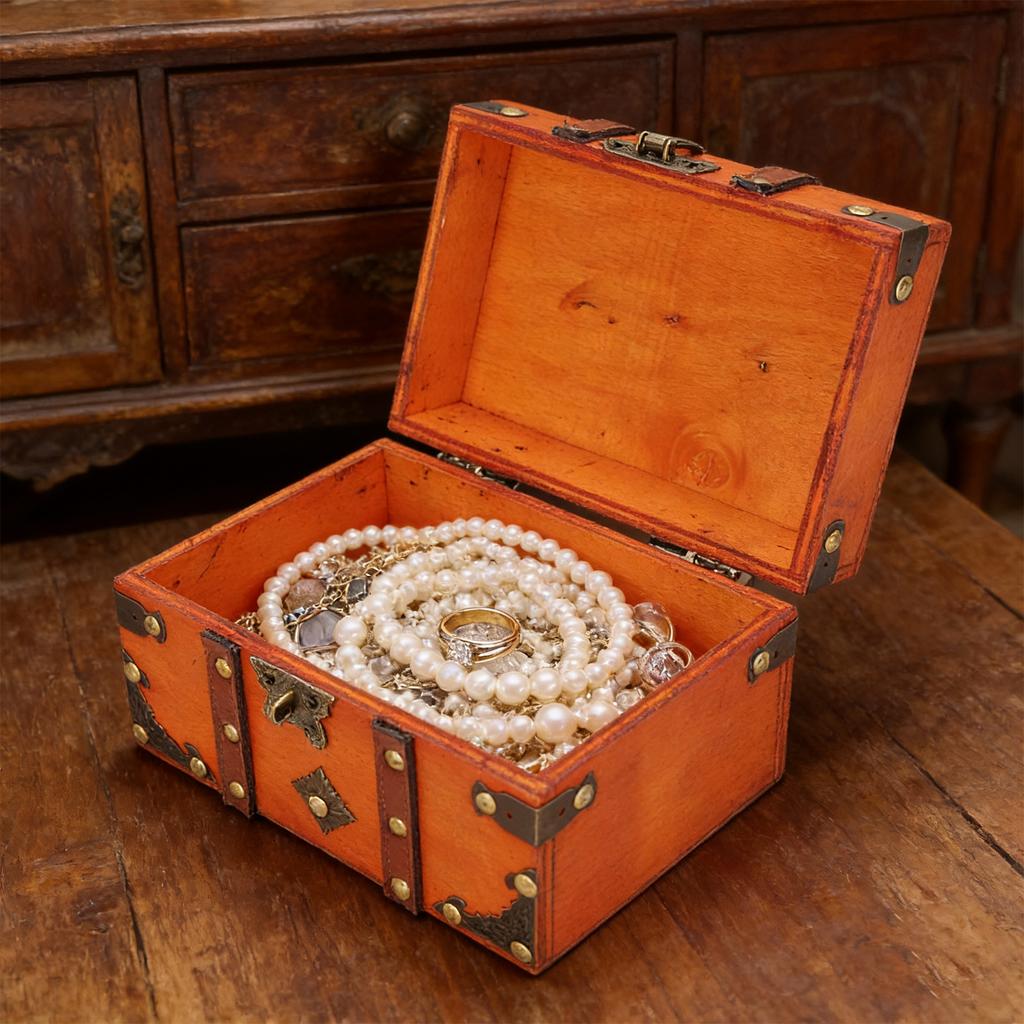 Wooden Treasure Chest Box Vintage Decorative Antique Wood Jewelry Box with Lock Hinged Lid Small Size