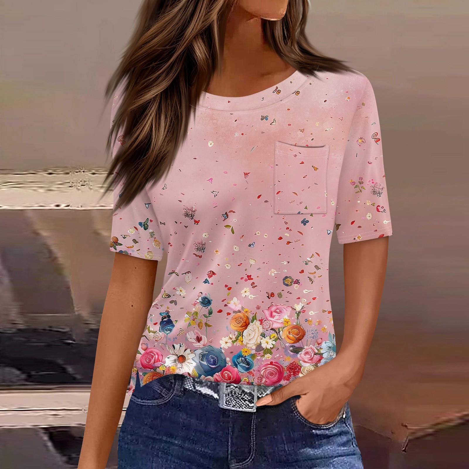 

Футболки для женщин с круглым вырезом, нарядные повседневные блузки с принтом, короткие рукава, летние топы свободного кроя XXXL розовый