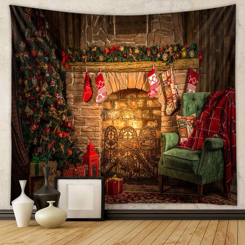 American Christmas Tapestry for Living Room Xmas Tree Fireplace Printed Wall Hanging Cloth Soft Square Holiday Home Decoration