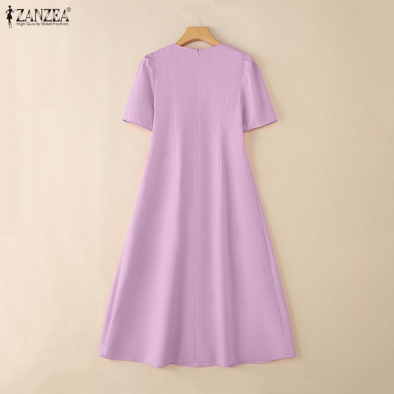 ZANZEA Damska letnia sukienka codzienna z okrągłym dekoltem i krótkim rękawem