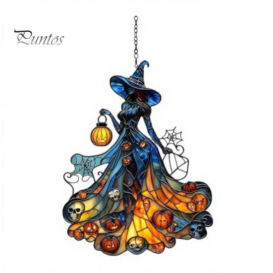 Decorative Chain Hanging Witch Acrylic Suncatcher, Stained Glass Effect Window Car Ornament, Gothic Scary Art with Pumpkin Lantern Sun Catcher
