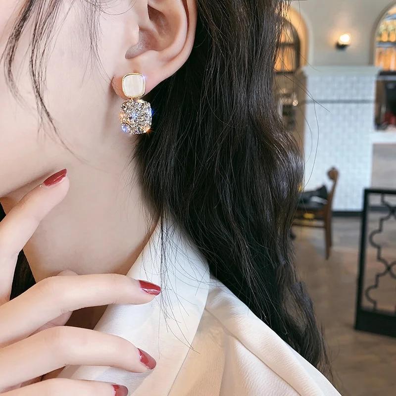 Schwarzer Kristall Damen Ohrringe Glänzender Strass Quadrat Anhänger Tropfen Ohrringe Eleganter Party Ohrschmuck