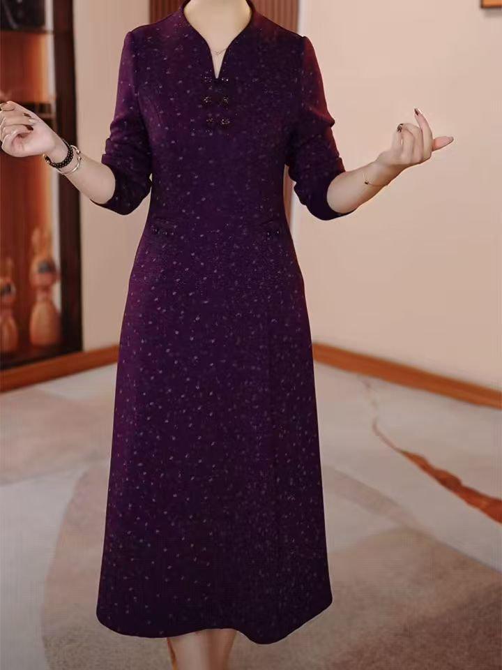 2025 Spring/Autumn Elegant Waist-Slimming Midi Dress for Middle-Aged & Elderly Women