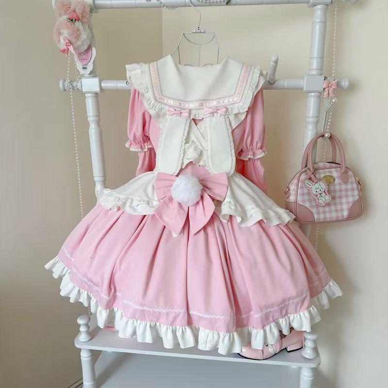 Lolita Pink Dress Women's Sweet Girl Big Bow Kawaii Short Party Dress Spring