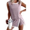  Women's Ribbed Knit 2-Piece Set Sleeveless Tank Top + Split Skort Shorts Outfit